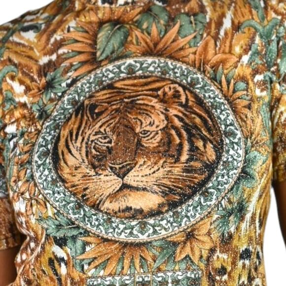 Vintage Lion Portrait Shirt Brown Baroque Jungle Top Shimmer Sheer Knit Small - Picture 9 of 15